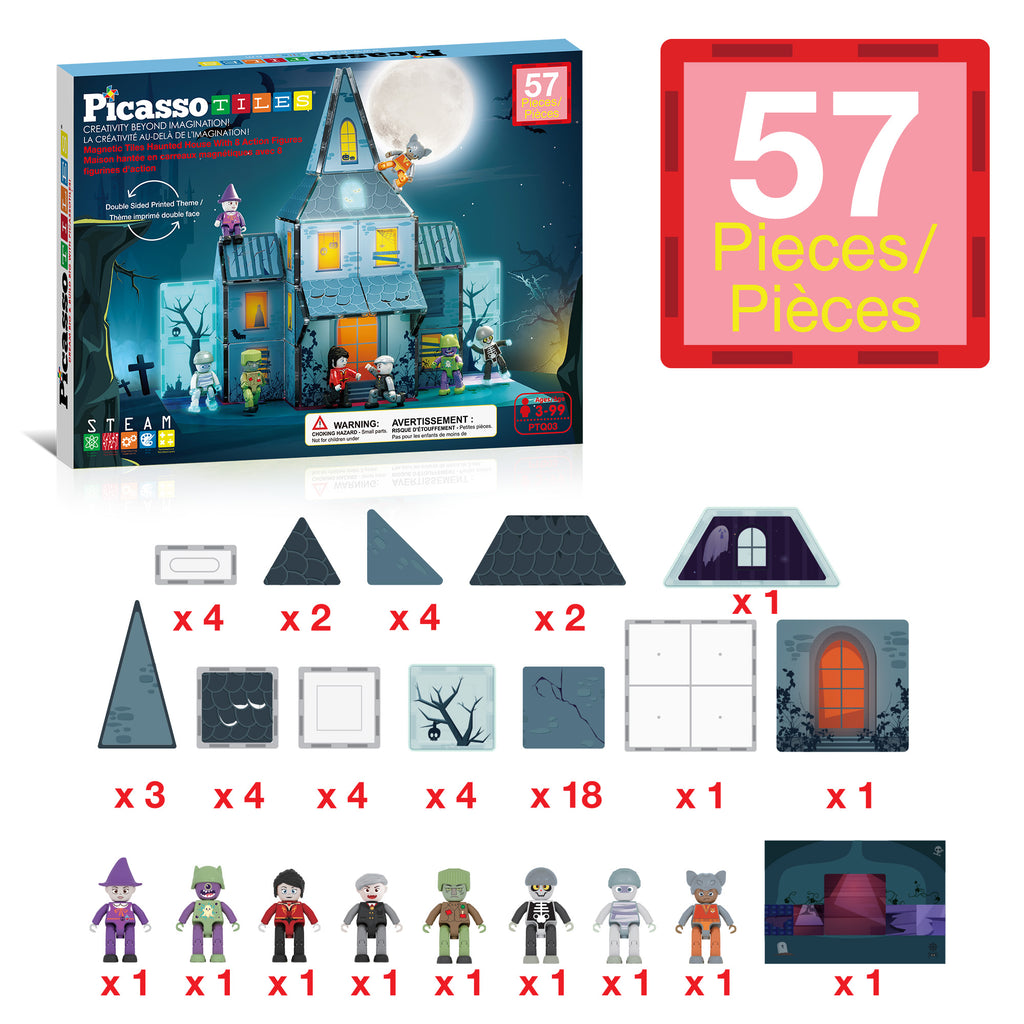 PicassoTiles® 57-Piece Haunted House Magnetic Tile Building Set PREORDER