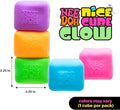 Colorful 'Nee Doh' cube toys with dimensions and branding on a white background