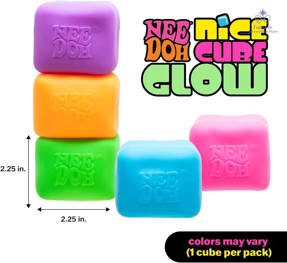 Colorful 'Nee Doh' cube toys with dimensions and branding on a white background