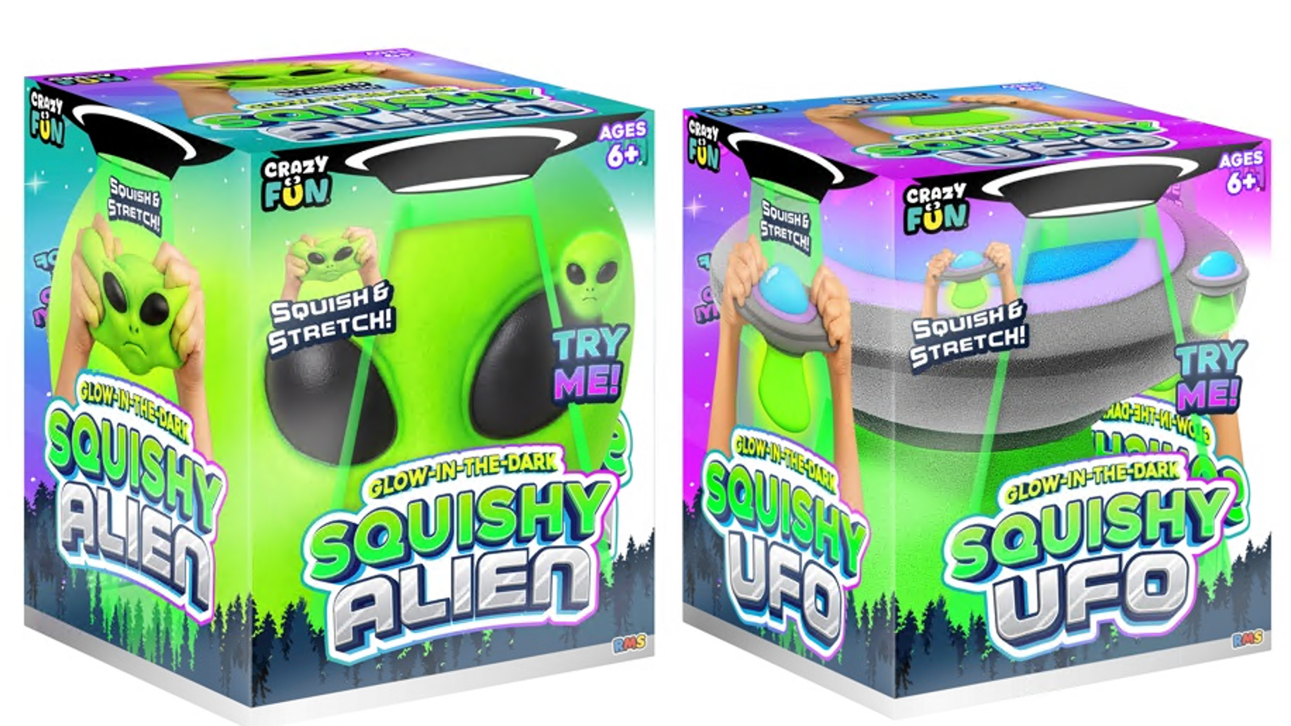 RMS SQUISHY GLOW IN THE DARK ALIEN & UFO
